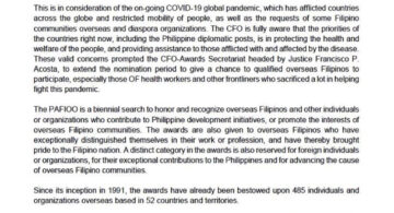 Deadline Extended for Submission of Nominations for the Presidential Awards for Filipino Individuals and Organization Overseas (PAFIOO)